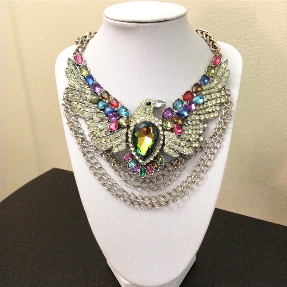 Vintage. Silver Tone Eagle with Colorful Rhinestones. Necklace.
